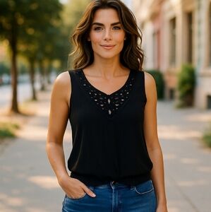 A.N.A  Black Sleeveless Embroidered Cutout Smocked Hem Top